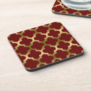 Burgundy And Gold Ikat Quatrefoil Pattern Coaster