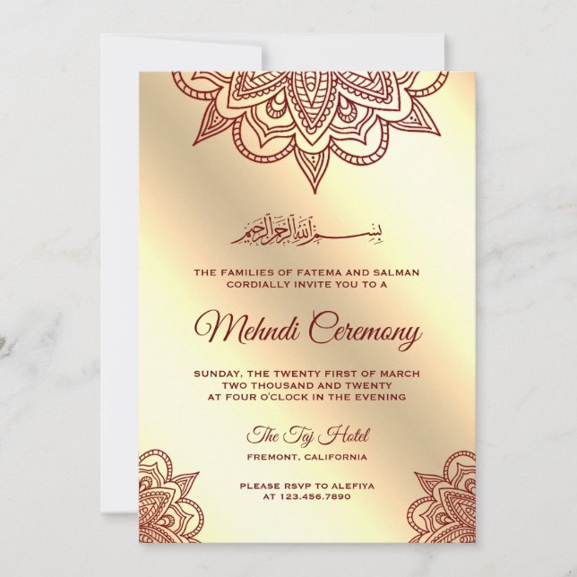 Burgundy and Gold Islamic Muslim Mehndi Ceremony Invitation (Front)