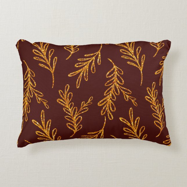 Burgundy and Gold Leaf Sprig Lumbar Accent Pillow (Front)