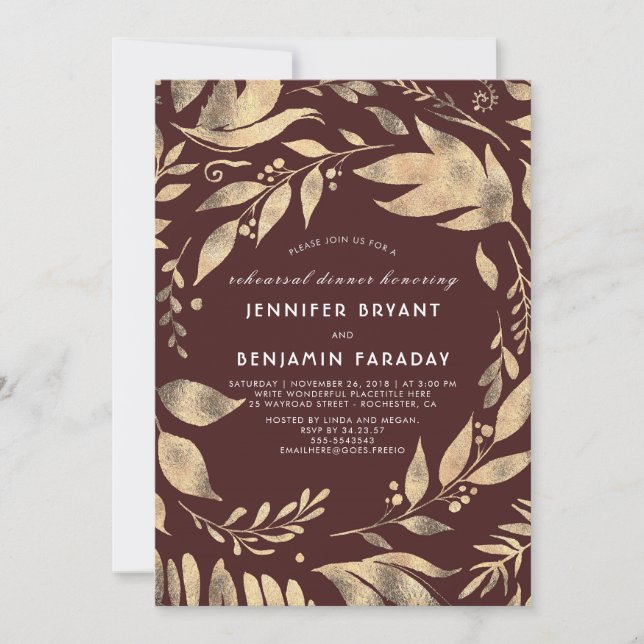 Burgundy and Gold Leaves Fall Rehearsal Dinner Invitation (Front)