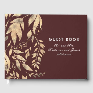 Burgundy and Gold Leaves Fall Wedding Guest Book