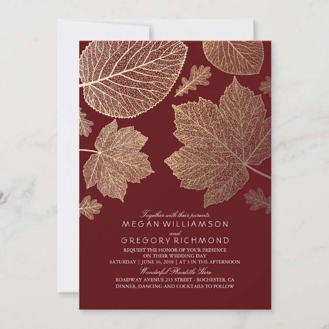 Burgundy and Gold Leaves Vintage Fall Wedding Invitation (Front)