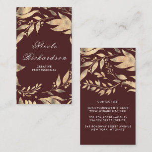 Burgundy and Gold Leaves Wreath Modern Chic Business Card