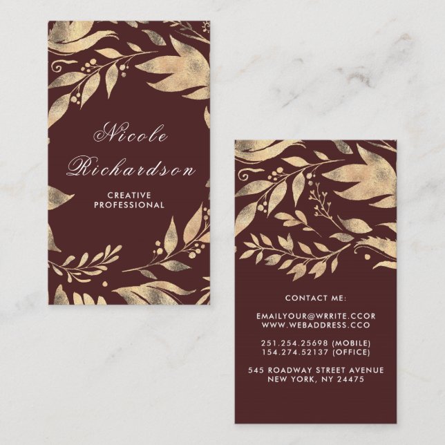 Burgundy and Gold Leaves Wreath Modern Chic Business Card (Front/Back)