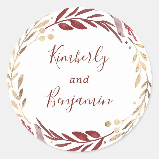 Burgundy and Gold Leaves Wreath Wedding Classic Round Sticker (Front)