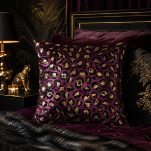 Burgundy and Gold Leopard Print Animal Pattern Cushion