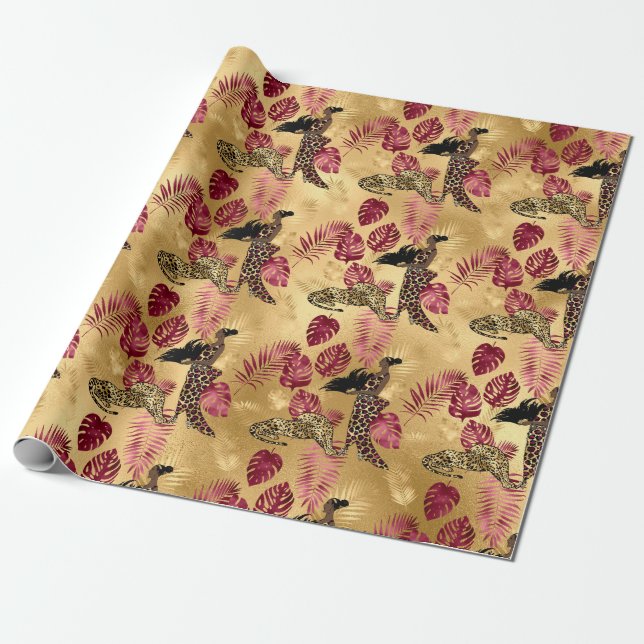 Burgundy and Gold Leopard Series Design 4 Wrapping Paper (Unrolled)