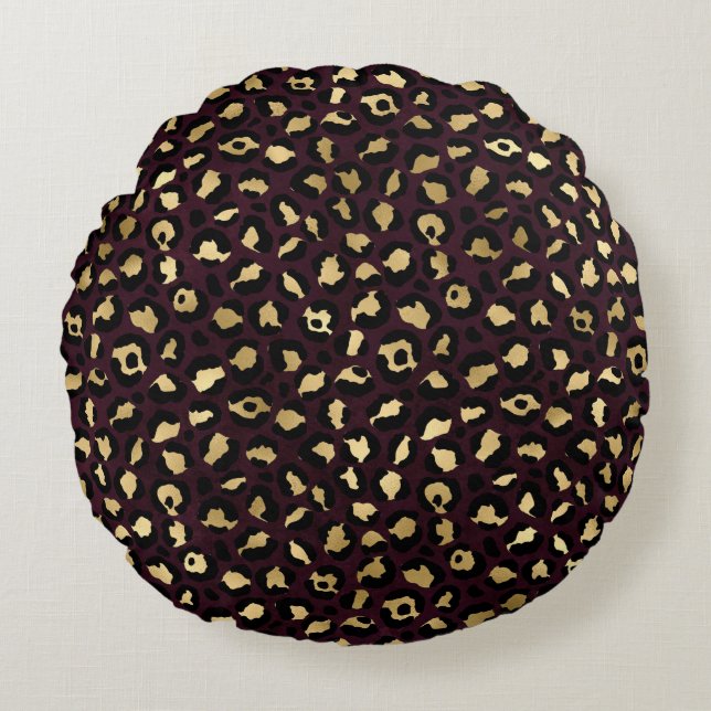 Burgundy and Gold Leopard Series Design 8 Round Cushion (Front)