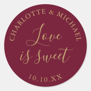 Burgundy And Gold Love Is Sweet Wedding Favour  Classic Round Sticker