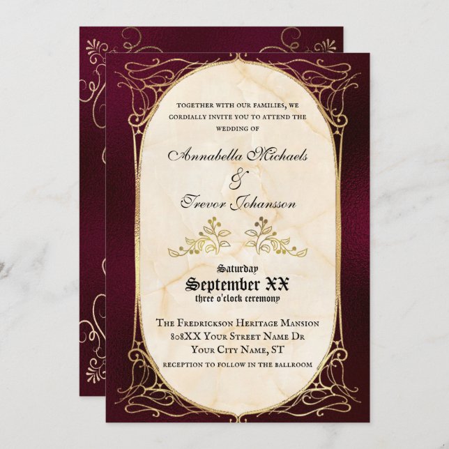 Burgundy and Gold Mediaeval Wedding Invitation (Front/Back)
