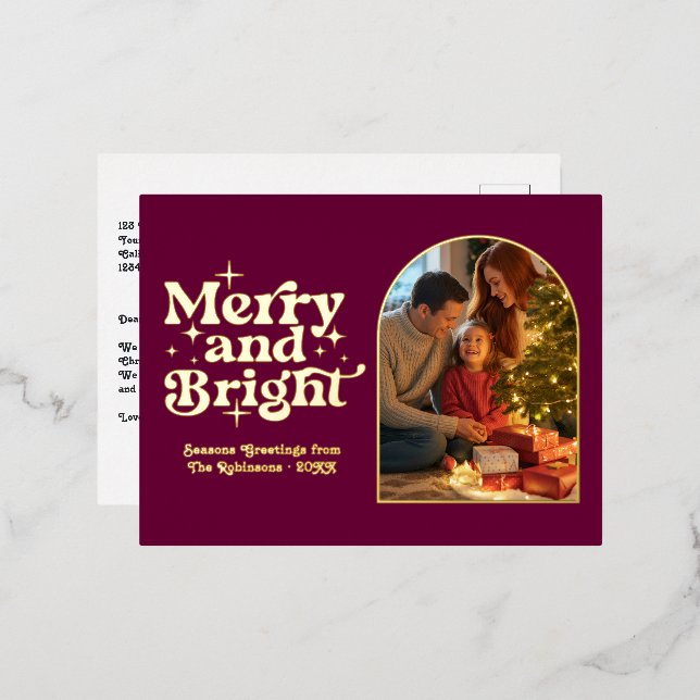 Burgundy and Gold Merry and Bright Retro Christmas Foil Holiday Postcard (Front/Back)