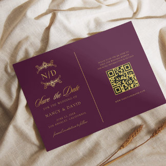 Burgundy And Gold Monogram Qr Code Wedding Save The Date