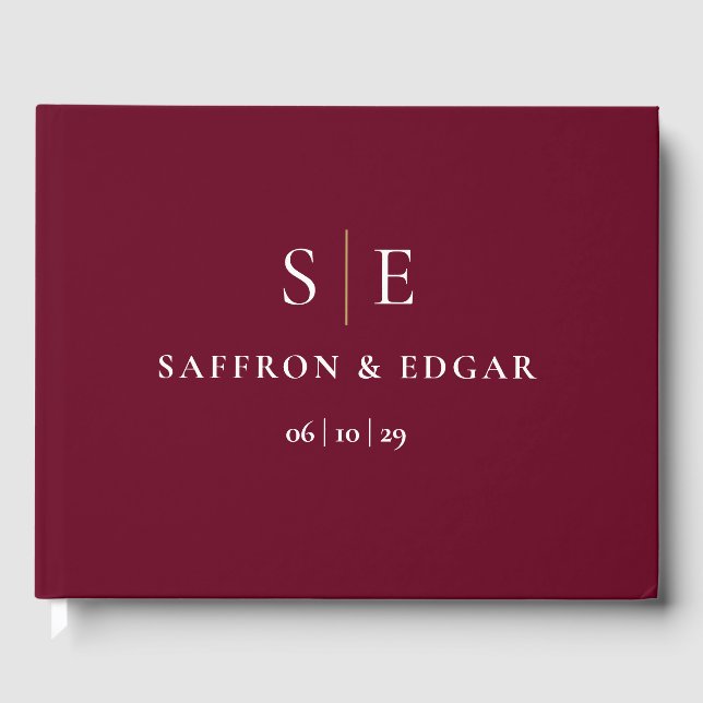 Burgundy And Gold Monogram Wedding Guest Book (Front)