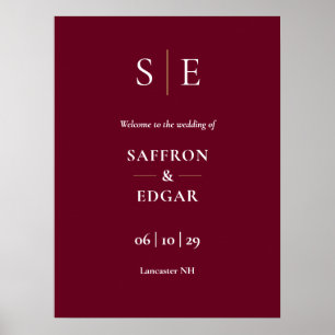 Burgundy And Gold Monogram Wedding Welcome Sign