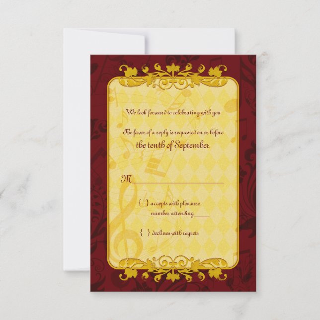 Burgundy and Gold Music Notes Wedding RSVP card (Front)