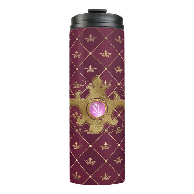 Burgundy and Gold Paris Gemstone Monogram Thermal Tumbler (Front)