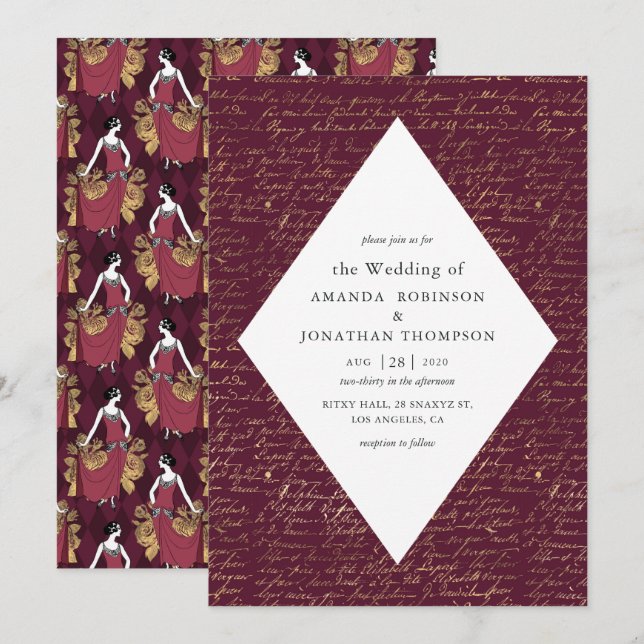 Burgundy and Gold Paris Themed Calligraphy Wedding Invitation (Front/Back)