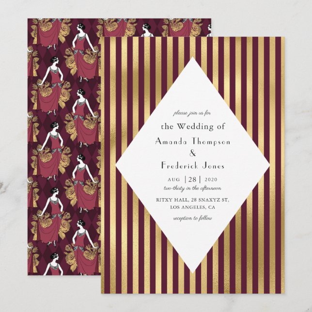 Burgundy and Gold Paris Themed Wedding Invitation (Front/Back)