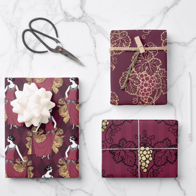 Burgundy and Gold Paris Wine Art Deco Wrapping Paper Sheet (Front)