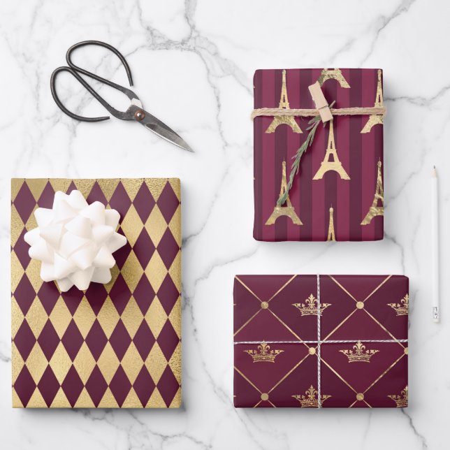Burgundy and Gold Paris Wrapping Paper Sheet (Front)