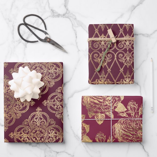 Burgundy and Gold Paris Wrapping Paper Sheet (Front)