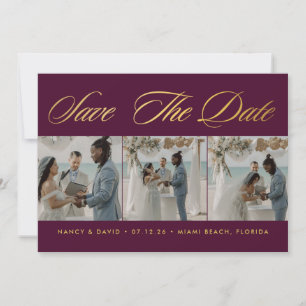 Burgundy And Gold Photo Collage Beach Wedding Save The Date