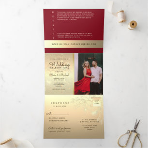 Burgundy and Gold Photo Wedding Tri-Fold Invitation