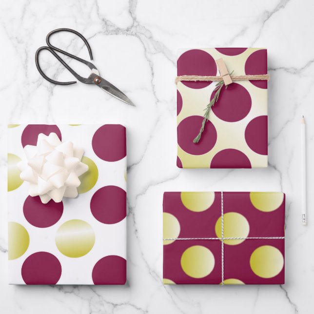 Burgundy and gold polka dots wrapping paper sheet (Front)