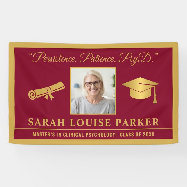 Burgundy  And Gold PsyD Quote Photo Graduation 202 Banner (Horizontal)