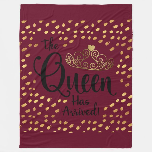 Burgundy and Gold Queen Tiara Throw Fleece Blanket (Front)