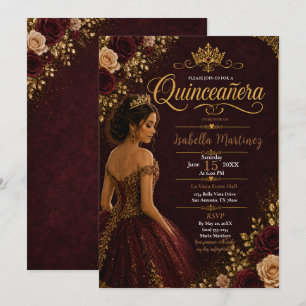 Burgundy and Gold Quinceañera Invitation