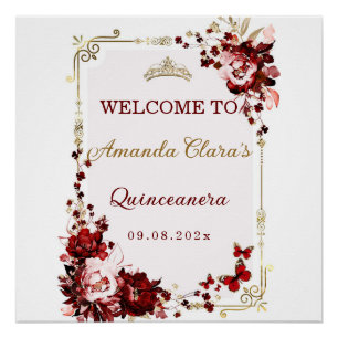 Burgundy and Gold Quinceañera Welcome Printable Poster