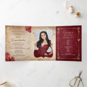 Burgundy and Gold Rose Elegant Photo Quinceanera  Tri-Fold Invitation
