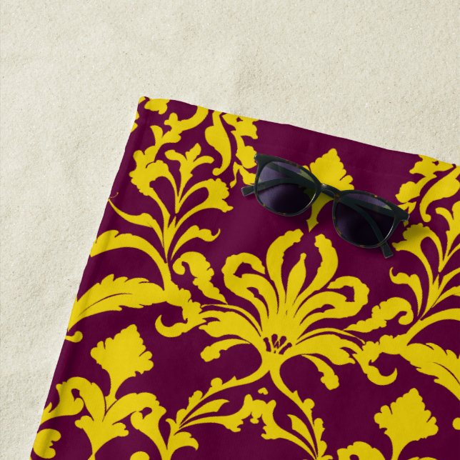 Burgundy and Gold Royal Damask Beach Towel (In Situ)