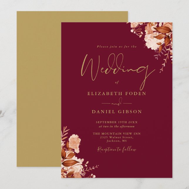 Burgundy And Gold Rustic Floral Wedding Invitation (Front/Back)