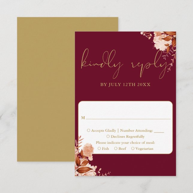 Burgundy And Gold Rustic Floral Wedding RSVP Card (Front/Back)