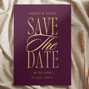 Burgundy And Gold Script Typography Wedding Save The Date