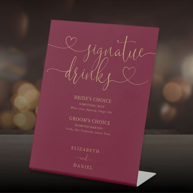 Burgundy And Gold Script Wedding Signature Drinks Pedestal Sign (Burgundy And Gold Script Wedding Signature Drinks Pedestal Sign)