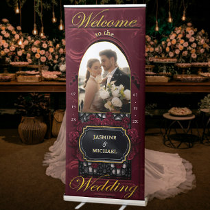 Burgundy and Gold Script Wedding Welcome Photo     Retractable Banner