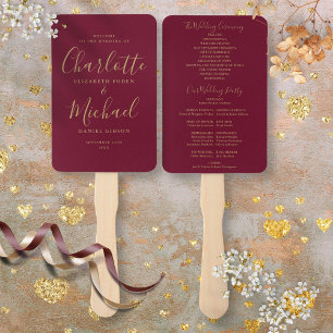 Burgundy and Gold Signature Script Wedding Program Hand Fan