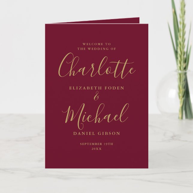 Burgundy and Gold Signature Script Wedding Programme (Front)