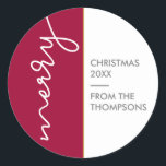 Burgundy and gold | Simple Merry Christmas Script Classic Round Sticker<br><div class="desc">: Add a touch of modern elegance to your holiday season with our "Elegant Yuletide" Burgundy and Gold Simple Merry Christmas Script Classic Round Sticker. This sticker is a perfect blend of contemporary design and festive charm, ideal for personalising your Christmas gifts, cards, and decorations. The sticker features the word...</div>