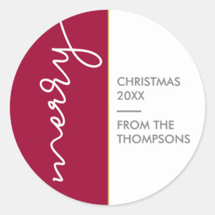 Burgundy and gold   Simple Merry Christmas Script Classic Round Sticker