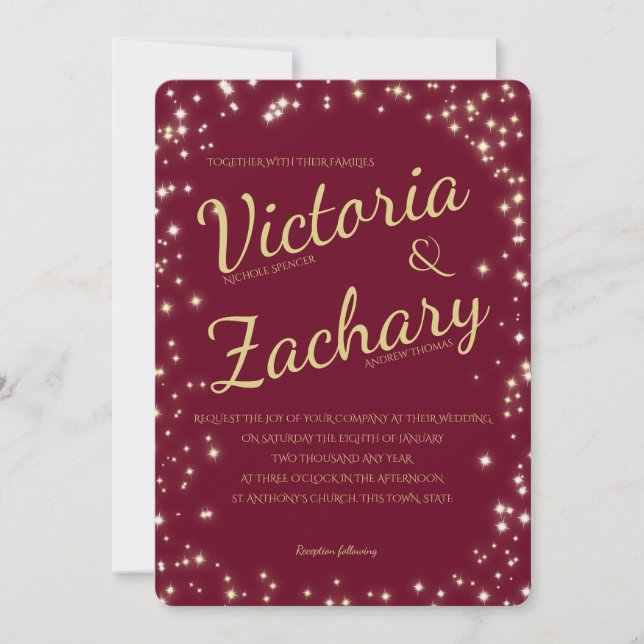 Burgundy and Gold Sparkle Wedding Invitation (Front)