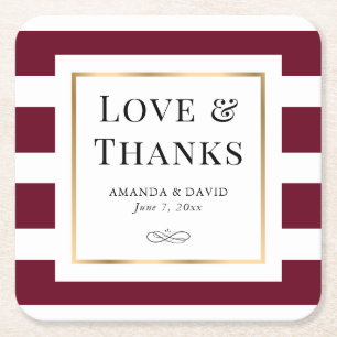 Burgundy and Gold Striped Wedding Paper Coaster