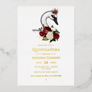 Burgundy and Gold Swan Quinceañera Foil Invitation