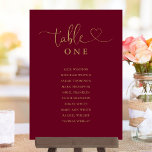 Burgundy And Gold Table Number Seating Chart<br><div class="desc">These elegant burgundy and gold heart script double-sided table number seating chart cards are perfect for all celebrations. Designed by Thisisnotme©</div>