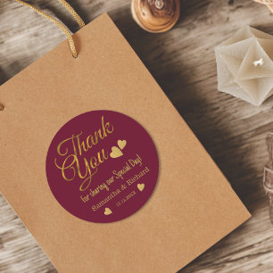 Burgundy And Gold Thank You Wedding Party Favor    Classic Round Sticker