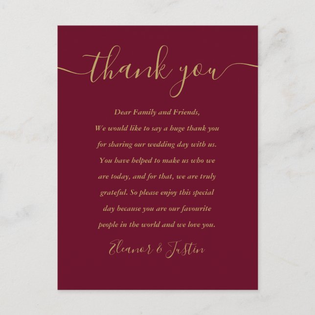 Burgundy and Gold Thank You Wedding Place Card (Front)