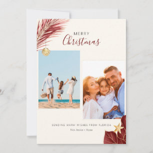 Burgundy and Gold Tropical 2-Photo Christmas Holiday Card